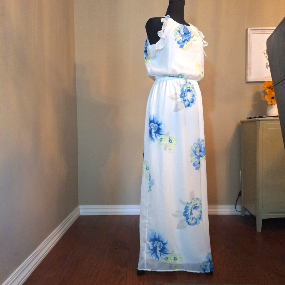 Old Navy White Dress with Blue and Green Floral Pattern Ruffles Mesh Maxi M